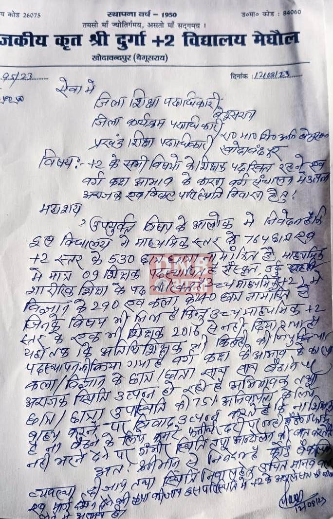 दुर्गा प्लस टू स्कूल खोदावंदपुर के एचएम ने स्कूल के अराजक स्थिति को लेकर डीईओ को लिखा पत्र 2