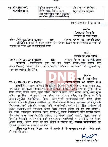 बिहार पुलिस में 10 आईपीएस का तबादला, राशिद जमा-बेगूसराय,शिव दीप लांडे- मुजफ्फरपुर,गरिमा मल्लिक-पटना 3
