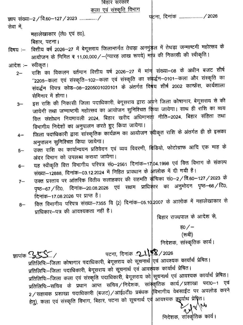 ऐतिहासिक तेघड़ा श्रीकृष्ण जन्माष्टमी महोत्सव को सरकारी मान्यता: कला-संस्कृति विभाग ने स्वीकृत किए 11 लाख रुपये 3