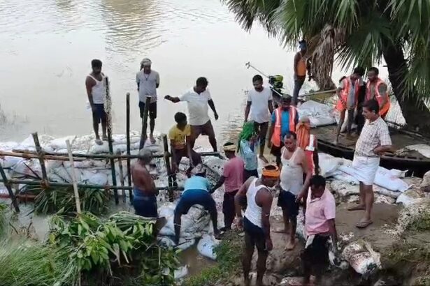 नालंदा: उतरथू पंचायत उतरथु गांव के पास बहवा नदी का तटबंध में दरार के कारण हुआ रिसाव, बीस गांवों पर मडराया बाढ़ खतरा, लगभग छह सौ बीघा में लगे धान हुआ जलमग्न, तटबंध की मरम्मति का काम जारी 5